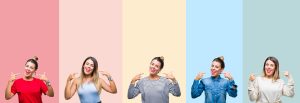 Collage of young beautiful woman over colorful vintage stripes isolated background smiling confident showing and pointing with fingers teeth and mouth. Health concept.